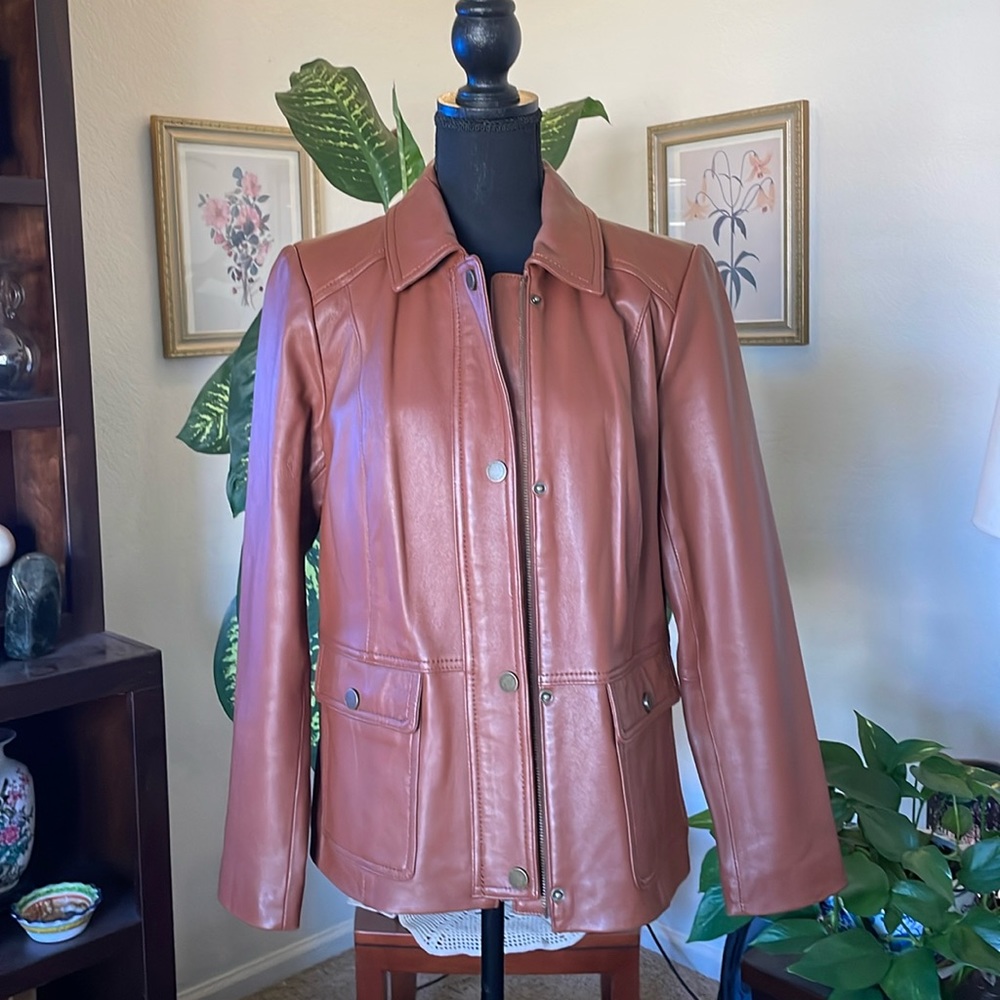 Liz Claiborne Lamb Leather Jacket Brown Button Front Size 12